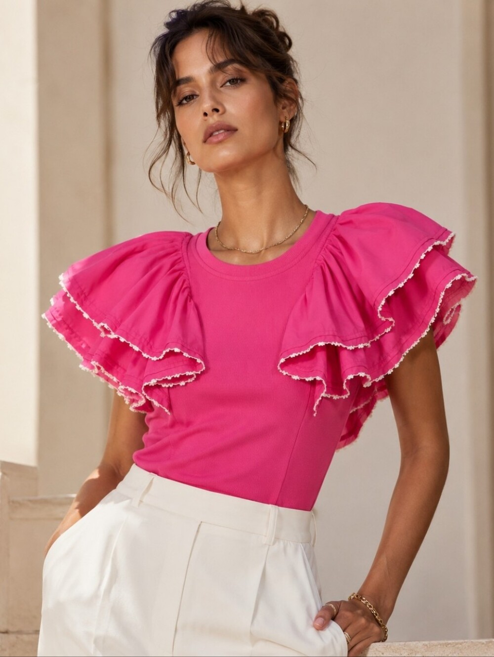 Entro Hot Pink Statement Ruffle Sleeve Top Size Small Barbiecore Romantic